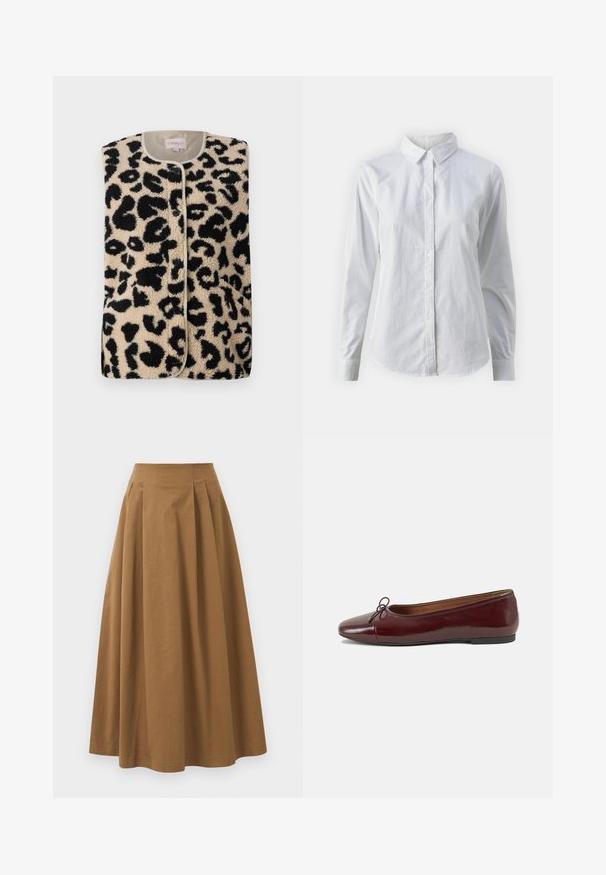 ONLY ONLBABY LIFE - Strukirani kaput - pumice stone; Bjela košulja na dugih rukava od glatkog pamuka, s klasičnom kragnom i zakrivljenim rubom. Dugmad su mala i bijela.; Smeđa pamučna suknja A kroja s visokim strukom, koja ima nabore sprijeda i glatku teksturu. Završetci donjeg ruba su čisti i jednostavni.; Burgundska lakirana balerinka s zaobljenim vrhom, malim mašnom sprijeda i niskom, crnom gumenom potplatu. Glatka tekstura.