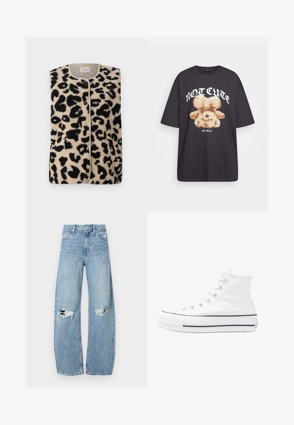 ONLY ONLBABY VEST - Weste - pumice stone; Schwarzes, übergroßes T-Shirt mit einem Grafikdruck eines Bären und dem Text "NICHT SÜß, SONDERN WILD" in fetter, weißer Schrift. Baumwollmaterial.; Helles, hochtailliertes Jeans aus Denim. Hat weit geschnittene Beine, zwei aufgerissene Kniebereiche und klassischen Fünf-Taschen-Stil.; Weiße hochwertige Leinensneaker mit schwarzer Gummisohle, vorderem Gummizehenschutz und sechs Ösen für Schnürsenkel, die ein sauberes, minimalistisches Design aufweisen.