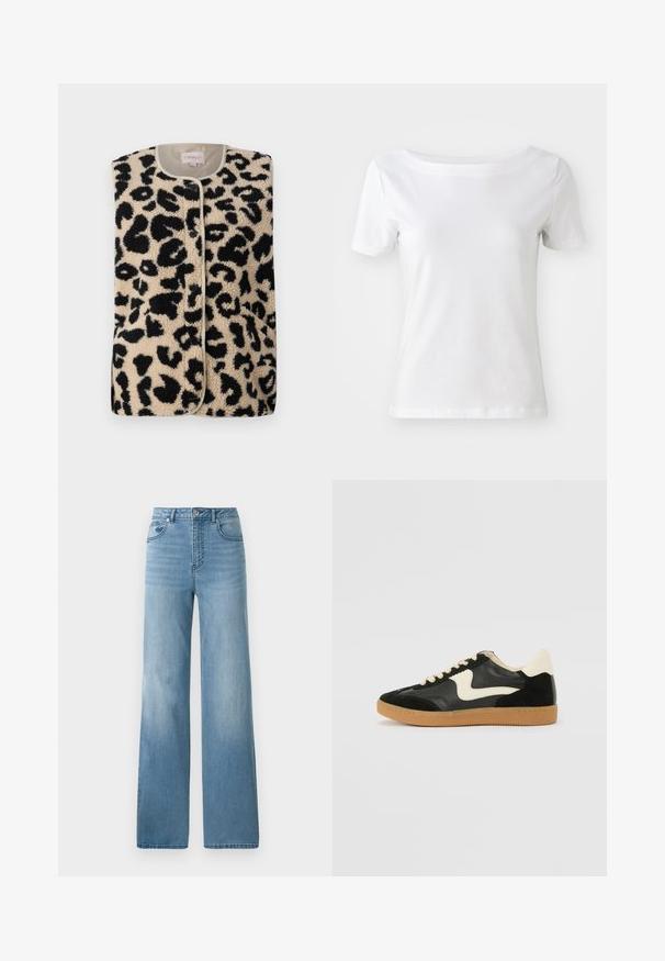 ONLY ONLBABY VEST - Bodywarmer - pumice stone; Witte korteblouse t-shirt van katoen met een bootnek en een gladde textuur. Eenvoudig en onopvallend ontwerp.; Lichtblauwe high-waisted jeans met een rechte pasvorm. Gemaakt van denim, met vijf zakken en een knoopsluiting.; Zwarte suède en leren sneaker met een crèmekleurige zij-swoosh en lichte crèmekleurige hiel. Voorzien van beige veters en een gumrubberen zool.