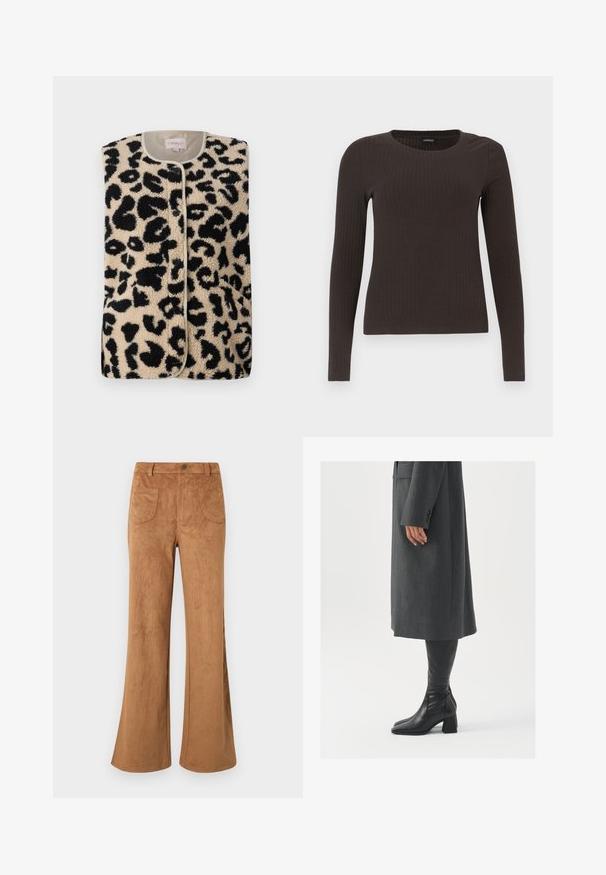 ONLY ONLBABY VEST - Vest - pumice stone; Pruun, pikkade varrukatega ribaga särk, millel on ümar kaelus. Valmistatud siledast, venivast materjalist, omades formatiivset siluetti ja minimaalset dekoratiivsust.; Tumedadest flared püksid, millel on kõrge vöökoht, ees ja taga taskud ning sile tekstuur. Kujundatud mugavaks istuvuseks kogu jala ulatuses.; Hallhalline, kohandatud ülikond jakk sirge lõikega; kombineeritud kuni põlveni ulatuvate mustade nahast saapadega, millel on nelinurkne varvas ja paks konts.