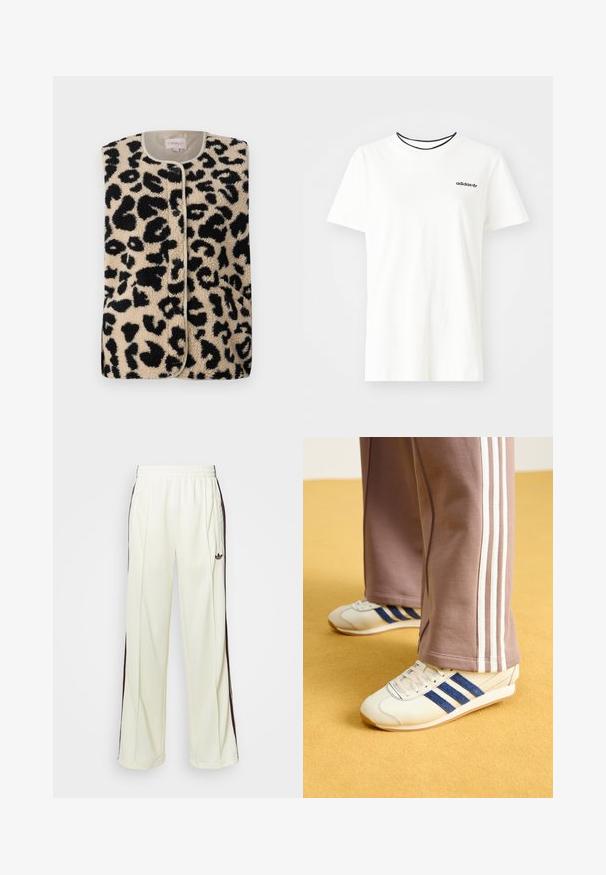 ONLY ONLBABY VEST - Veste - pumice stone; Balta kokvilnas T-krekls ar īsām piedurknēm un apļveida kakla izgriezumu. Piedāvā melnu Adidas logotipu uz krūtīm un kontrastējošu melnu iekšējo apkakli.; Krēma krāsas sporta bikses ar brīvu piegriezumu, ar tumši brūnām sānu svītrām un izšūtu logotipu kreisajā augšstilbā.; Krēma krāsas kedas ar zilo zamšādu svītrām, baltām auklām un gumijas zoli. Apvienotas ar pelēkām sporta biksēm ar baltām sānu svītrām.