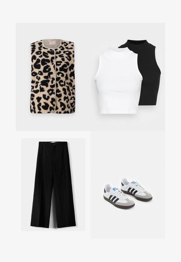 ONLY ONLBABY VEST - Vesta - pumice stone; Dvě bezrukávové halenky s ribovým stojáčkem v černé a bílé barvě, které mají přiléhavý střih a hladkou texturu, s krácenou délkou.; Černé široké kalhoty z lehkého materiálu s předním zapínáním na knoflík a hladkým předním dílem, s pečlivě přišitými lemy.; Sportovní boty s bílým koženým svrškem, šedou semišovou špičkou a třemi černými pruhy. Obsahují modré logo na jazyku a texturovanou gumovou podrážku.