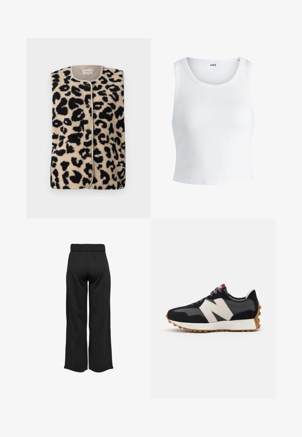 ONLY ONLBABY VEST - Weste - pumice stone; Weißes, geripptes Tanktop mit rundem Halsausschnitt, ärmellosem Design und kurzer Länge. Das Etikett trägt die Aufschrift "JJXX". Glatte Stoffstruktur.; Schwarze, weit geschnittene Hose mit elastischem Bund, aus glattem Stoff gefertigt. Hat ein cleanes Design ohne Taschen oder sichtbare Nähte.; Schwarze und graue Wildledersneaker mit einem großen cremefarbenen "N"-Logo, lila Schnürsenkeln und einer strukturierten Gummisohle.