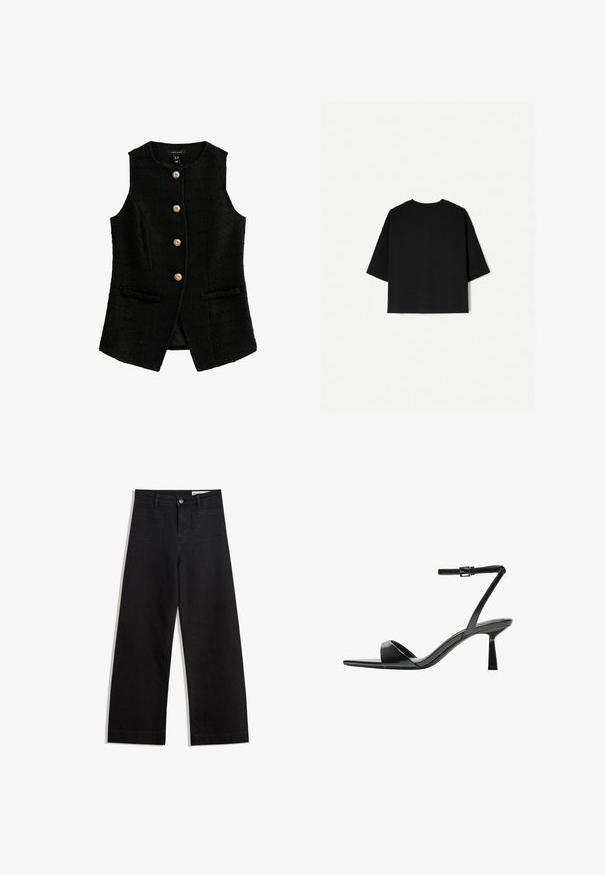 Schwarze ärmellose Weste aus strukturiertem Stoff, mit geradem Schnitt, vier goldenen Knöpfen und zwei Vordertaschen.; Schwarzes Oversized-T-Shirt mit kurzen Ärmeln, Rundhalsausschnitt und geradem Saum. Hergestellt aus weicher Baumwolle mit glatter Textur. Nur Rückansicht.; Schwarze weit geschnittene Jeans mit hoher Taille, ausgestattet mit Vorder- und Hintertaschen, gesteppten Nähten und einem Knopfverschluss. Glatte Textur.; Bershka High Heel Sandalette - black