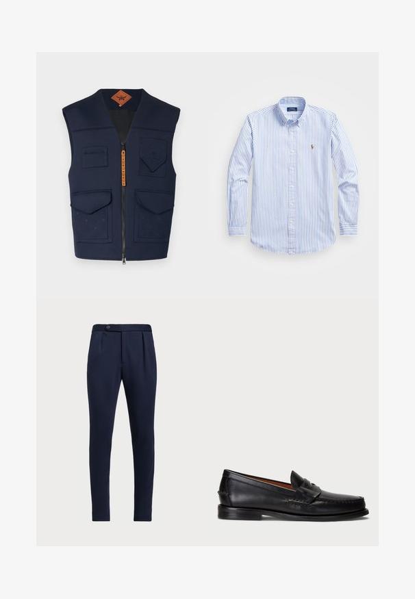 Ναυτικό γιλέκο με φερμουάρ μπροστά, πολλές τσέπες και ανάγλυφο σχέδιο. Διαθέτει πλούσια υφή και καφέ δερμάτινη ετικέτα μάρκας.; Ανοιχτό μπλε και λευκή ριγέ πουκαμίσα με κλασικό γιακά, μακριά μανίκια και μικρό κεντημένο λογότυπο στο στήθος.; Σκούρο μπλε κομμένα παντελόνια με επίπεδο μπροστινό μέρος, δύο πλαϊνές πτυχώσεις και έναν κουμπί για κλείσιμο, με λείο και υφαμένο ύφασμα.; Μαύρο δερμάτινο μοκασίνι με στρογγυλή μύτη, ραφές και διακοσμητική λωρίδα μπροστά. Λείος πάτος με ελάχιστο προφίλ.
