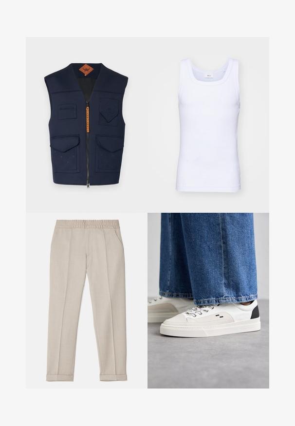 Námornícky vest s predným zipsom, viacerými vreckami a embosovaným dizajnom. Obsahuje prešívanú textúru a hnedú koženú značkovú nálepku.; Biela bavlnená tielko bez rukávov s okrúhlym výstrihom, s hladkou textúrou a priliehavým strihom, navrhnuté pre neformálne nosenie.; Filippa K TERRY CROPPED TROUSERS - Nohavice - sage melange; Biele a čierne tenisky s hladkým koženým zvrškom, štruktúrovanými akcentmi a masívnou bielou podrážkou. Obsahujú klasický dizajn so šnurovaním.