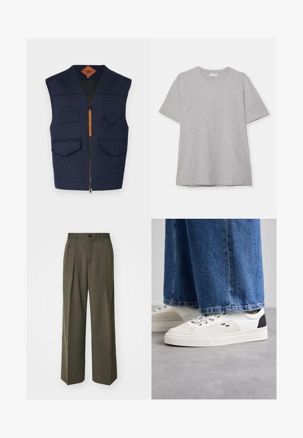 Jūras zils bez piedurknēm veste ar rāvējslēdzēja priekšpusi, vairākām kabatām un reljefa dizainu. Iezīmēta ar piedūru tekstūru un brūnu ādas zīmolu uzlīmi.; Pelēks īsā piedurkņu T-krekls, kas izgatavots no mīkstas, teksturētas auduma. Tam ir klasiskā apļa kakla izgriezums un taisna apakšmalā, piemērots ikdienas valkāšanai.; Filippa K WIDE TROUSERS - Auduma bikses - driftwood; Balti un melni apavi ar gludu ādas virsu, teksturētiem akcentiem un masīvu baltu zoli. Iespējojot klasisku šņorējamu dizainu.