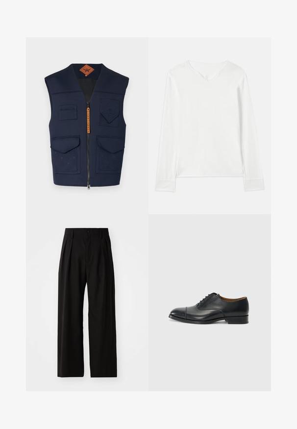 Tamsiai mėlyna liemenė su užtrauktuku priekyje, keliais kišenėmis ir reljefiniu raštu. Savybė - išklota tekstūra ir rudas odinis prekės ženklas.; Ilga rankovė balta palaidinė su V formos iškirpte, švelniomis tekstūromis ir šoninėmis plyšimis. Pasižymi paprastu dizainu be puošmenų ar raštų.; Juodos plačios kelnės su sklandžiu paviršiumi, turinčios dvi priekinės raukšles, užsegimą su mygtuku ir šonines kišenes. Patvari medžiaga.; Juodas odinis batelis su lygiu paviršiumi, apvaliu priekiniu galu, penkiomis skylutėmis raištams ir žemu blokiniu kulnu. Minimalistinis dizainas su subtiliomis siūlėmis.