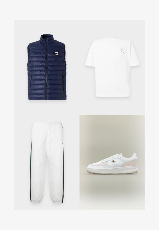 Marineblå lettvektsvest med høy krage, glidelås foran og sidelommer. Har horisontalt quiltet design og en liten logo-detalj.; Hvit bomull T-skjorte med avslappet passform, korte ermer og V-hals. Har to små svarte trykte logoer på venstre side.; Hvite joggebukser med mørkegrønne sidelommer. Lett materiale, elastisk midje og mansjetter ved buksebenene. Har mesh-struktur på sidene.; Hvite joggesko med glatt læroverdel, semsket detaljer og gummisåle. Har preget logo og snøring. Minimalistisk estetikk.