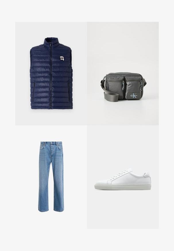 Tamno plavi puffer prsluk s visokim ovratom, zatvaranjem na patentni zatvarač sprijeda i bočnim džepovima. Ima horizontalni kviltani dizajn i mali detalj s logom.; Duga rukava, majica s lažnim ovratnikom u svijetloj kremasto bijeloj boji od pamuka. Glatka tekstura, opušteni kroj, minimalistički dizajn, bez vidljivih uzoraka ili naglasaka.; Svijetloplave traperice s ravnim nogavicama, pet džepova, zatvaranjem na gumb, minimalnim izbljeđivanjem i kontrastnim šavovima.; Bijela tenisica s glatkim kožnim gornjim dijelom i niskim profilom. Ima zaobljen vrh, šest rupica za vezanje i teksturiranu gumenu podlogu.; Sivi najlonski torbica preko tijela s dva zip zatvarača sprijeda, podesivim remenom i logotipom. Glatka tekstura s modernim dizajnom.