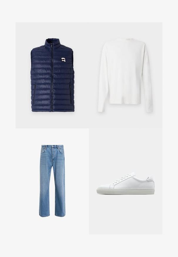 Marineblå lettvektsvest med høy krage, glidelås foran og sidelommer. Har horisontalt quiltet design og en liten logo-detalj.; Langermet hvit bomullsskjorte med rund hals, sidespalter nederst og en jevn tekstur, vist fra baksiden.; Lys blå denimjeans med rett ben-design, fem lommer, knappeåpning, minimal falming og kontrasterende sømdetaljer.; Hvit sneakers med en glatt skinnoverdel og lav profil. Har en rund tå, seks snøring hull, og en teksturert gummisåle.