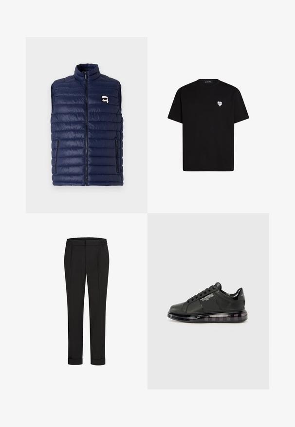 Námořnická modrá péřová vesta s vysokým límcem, zipem vpředu a bočními kapsami. Má horizontálně prošívaný design a malou detailní logo nášivku.; Černé bavlněné tričko s krátkým rukávem, kulatým výstřihem a malou bílou srdíčkovou grafikou na levé hrudi.; Černé kalhoty s elastickým pasem, s rovnými nohavicemi a ohrnutými lemy. Vyrobené z hladké tkaniny bez vzorů.; Černé tenisky s hladkým koženým svrškem, zaoblenou špičkou a šněrovacím designem. Mají průhlednou, polstrovanou podrážku s tmavým přechodem.