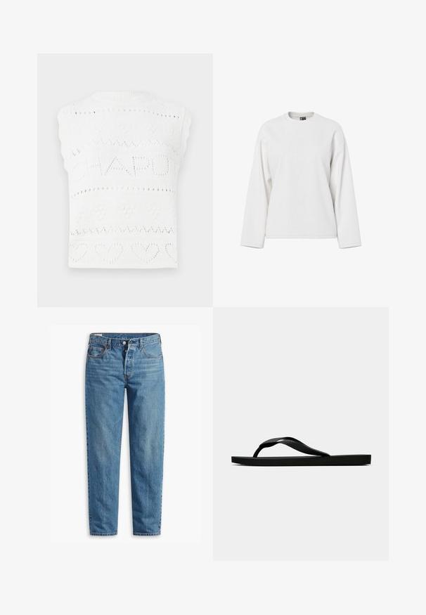 Biała, dzianinowa bluzka bez rękawów z wzorem tekstowym "CHAPOT" oraz motywami serca i diamentów. Dekolt jest żeberkowany z falbaniastym wykończeniem.; Biała bluza z długim rękawem z okrągłym dekoltem, luźnym krojem i miękką fakturą. Brak widocznych wzorów lub detali metalowych.; Niebieskie dżinsy z prostym krojem nogawki, z zapięciem na suwak, dwiema przednimi kieszeniami i delikatnym przetarciem na całej powierzchni materiału.; Czarne gumowe klapki z teksturowanym paskiem i prostą płaską podeszwą, przedstawione z boku na jasnym jednolitym tle.