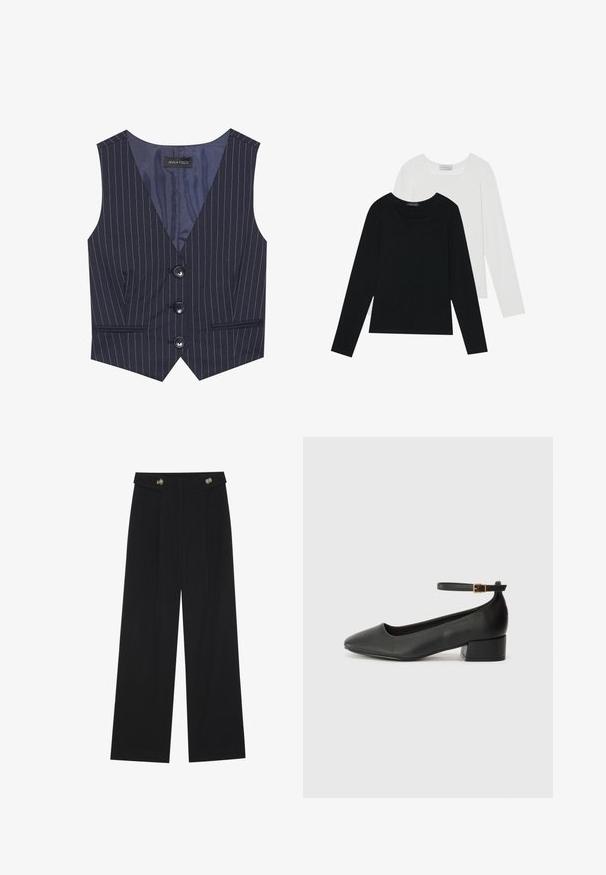 Colete riscado em azul-marinho com decote em V, três botões pretos e bolsos frontais. Feito de um tecido suave com um corte ajustado.; Duas blusas de mangas longas, uma preta e uma branca, ambas com decote quadrado e feitas de um tecido macio e elástico.; Calças largas pretas com cintura alta, detalhes em botão na cintura e pregas frontais.; Sandal de pele preta com bico pontiagudo e um salto bloco baixo. Apresenta uma tira no tornozelo com uma fivela em tom dourado. Textura suave.