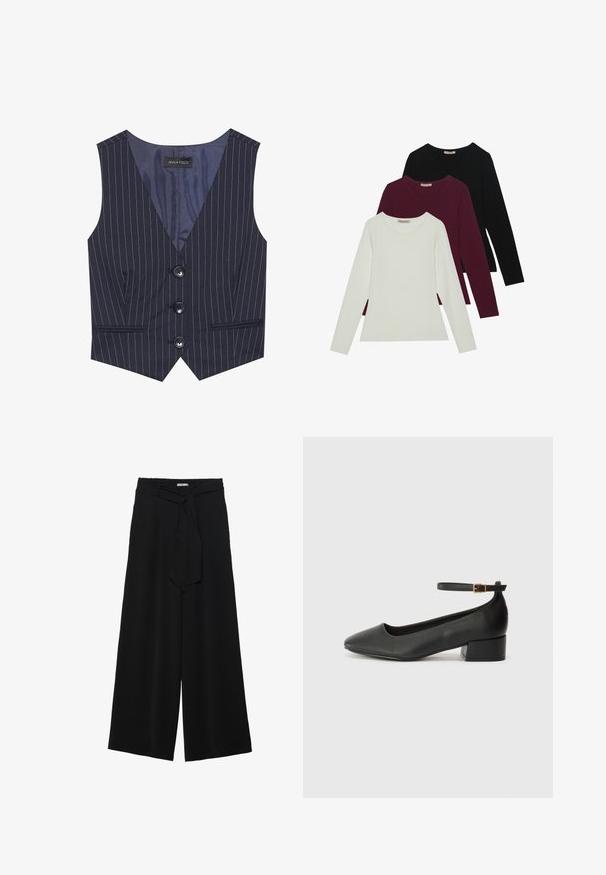 Tamsiai mėlynas dryžuotas liemenė su V formos iškirpte, trimis juodais mygtukais ir priekinėmis kišenėmis. Pagaminta iš lygaus audinio, pritaikyta pagal figūrą.; Ilgomis rankovėmis marškiniai baltos, bordo ir juodos spalvos. Pagaminti iš minkštos medžiagos, su apvaliu iškirpimu ir prigludusia forma. Tinka sluoksniavimui.; Juoda plačių kojų kelnės, pagamintos iš tekstūruoto audinio, su elastingu juosmeniu ir atsegamu diržu juosmenyje, leidžiančiu reguliuoti dydį.; Juodas odinis aukštakulnis batelis su smailiu pirštu ir žemu bloku. Su kulkšnies dirželiu su auksinės spalvos sagtimi. Lygus paviršius.