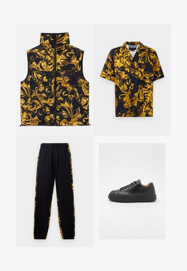 Juodas diržas su aukštu apykaklė, puoštas aukso baroko raštu, užsegamas užtrauktuku, su dviem priekinėmis kišenėmis. Minkšta, paminkštinta medžiaga.; Juoda trumpaankovė marškinė su mygtukais, dekoruoti geltonais ir auksiniais barokinių gėlių raštais bei priekinėmis kišenėmis, vidinėje apykaklėje pažymėti Versace Jeans Couture.; Juodos sportinės kelnės su elastingu juosmeniu ir rema, pasižyminčios aukso ir juodų gėlių rašo šoninėmis juostomis.; Juodos odinės sportinės bateliai su apvaliu pirštu, raištelių užsegimu, lygiu paviršiumi, storu guminio pado ir kontrastinga tan spalvos vidine puse.
