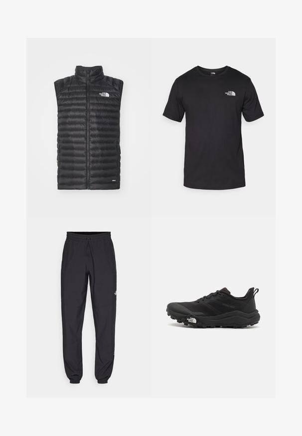 Svart quiltad ärmlös North Face-väst med frontdragkedja och hög krage, isolerad med 800 fill dun för värme.; Svart t-shirt med kort ärm gjord av bomull, med rund halsringning och en liten vit logotyp på övre vänstra bröstområdet.; Svarta träningsbyxor tillverkade av lättviktsmaterial, med dragsko i midjan, sidofickor och avsmalnande muddar vid anklarna.; Svart terränglöparsko med en strukturerad ovandel, gummisula och förstärkt tåhätta. Har en vadderad krage och en dragflik för enkel påtagning.