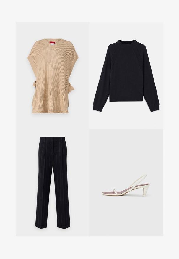 Beige gebreide poncho met een V-hals, losse pasvorm en een sluiting met zijstrik. Heeft een textuurpatroon en korte mouwen.; Donkerblauwe trui met een ronde halslijn, lange raglanmouwen, geribbelde manchetten en een rechte zoom. Gemaakt van een zachte, gestructureerde breimateriaal.; Zwarte broek met streepjes in een getailleerde pasvorm, voorzien van een omgeslagen zoom en voorplooien. Gemaakt van een gladde stof met een gestructureerd ontwerp.; Witte slingback sandalen met een lichte hak, dunne banden en een gladde leren textuur; voorzien van een kleine decoratieve gesp.