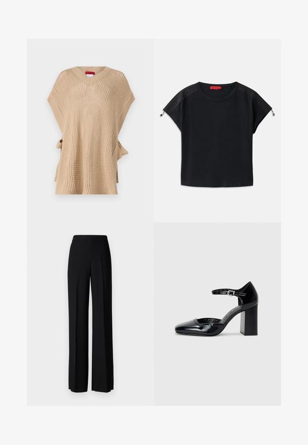 Beige kootud ponšo V-kaelusega, lõtv istuvus ja külgmine sidumise sulguri. Omab tekstuurset mustrit ja lühikesi varrukaid.; Mustalane lühike t-särk ümmarguse kaelusega. Sisaldab pehmeid kangaid satiinpaneelidega õlgadel ja nööridega detaile varrukatel.; Mustad laiad püksid mustas värvitoonis, sujuva tekstuuri ja kõrge vöökoha ning keskmiste voldikutega. Ilma nähtavate mustrite või tarvikute detailideta.; Mustad lakknahk kingad kõrge kontsaga, ruudukujulise varbaga, pahkluu rihmaga ja paksu kontsaga. Sisaldab perforatsioonidega detaile ääres.