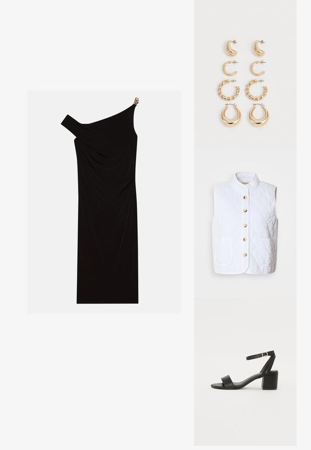 Balts jaku vāks ar gaiši ziliem svītrainiem. Tam ir augsts apkaklīte, seši zelta pogas un divi priekšējie kabatas. Mīksta tekstūra.; Melna vienas pleca kleita, kas izgatavota no drapēta auduma, ar zelta akcentu uz pleca, gludu tekstūru un līdz ceļgaliem garumu.; Melnas papēžu sērijas sandales ar gludu ādas virsmojumu, atvērtu pirkstu, platām priekšējām siksnām un regulējamu potītes siksnu ar zelta sprādzi.; Balta strukturēta roku soma ar īsām rokturiem un plecu siksnu, ar zelta aparatūras akcentiem un strukturētu materiālu, izstādīta uz pelēka fona.; Piecu zelta auskaru komplekts, kas ietver dažādus dizainus: savītas, ribotas un gludas virsmas cilpās un pusmēness formās.