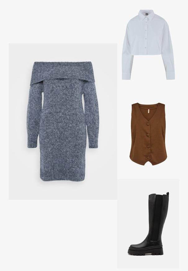 Soyaconcept SC-DANIELA 10 - Väst - brown; Avklippt vit skjorta med spetsig krage, långa ärmar och en jämn textur. Har en framfick med matchande knappar.; Stickad klänning i mörkgrått med off-shoulder halsringning, långa ärmar och ett texturerat mönster över hela.; Svarta knähöga stövlar i smidigt läder med elastiska sidopaneler, rejäl platåsål och ribbad struktur på basen.