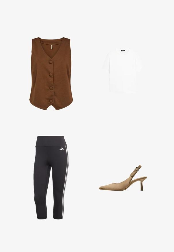 Soyaconcept SC-DANIELA 10 - Weste - brown; Weißes Baumwoll-T-Shirt mit Rundhalsausschnitt, kurzen Ärmeln und lässiger Passform. Keine sichtbaren Muster oder Verzierungen.; Schwarze Dreiviertelhosen aus dehnbarem Material mit einem breiten Bund und drei weißen Streifen an den Seiten.; Beige Slingback-Pumps mit spitzer Zehenform, aus strukturiertem Wildleder und mit schlankem Absatz. Enthält einen verstellbaren Schnallenriemen für einen sicheren Sitz.