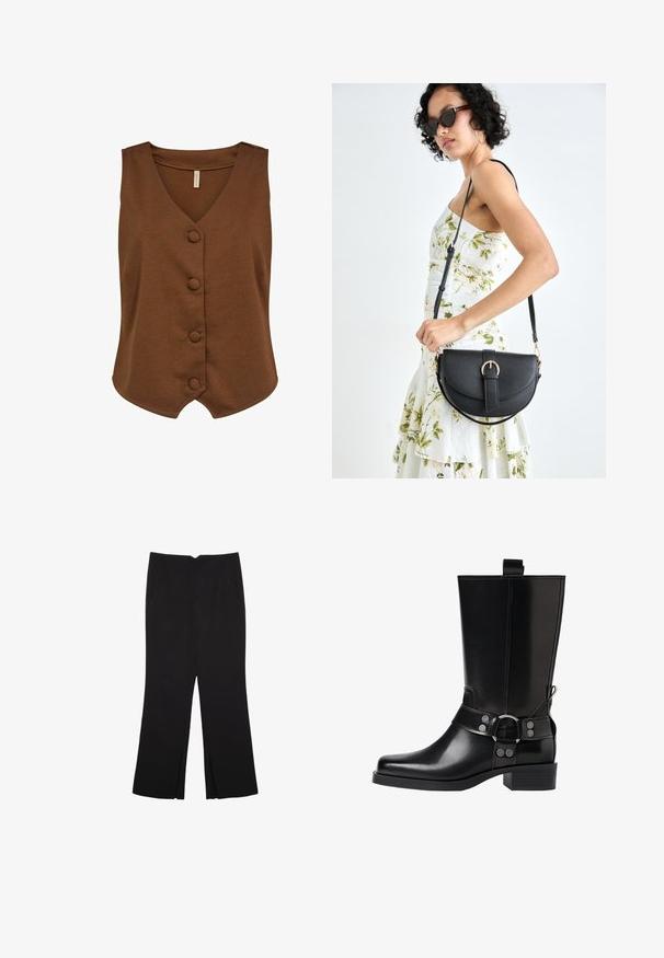 Soyaconcept SC-DANIELA 10 - Brezrokavnik - brown; Črna bombažna majica s sproščenim krojem, kratkimi rokavi, zaobljenim izrezom in gladko teksturo. Brez vidnih vzorcev ali dodatkov.; Črne hlače ravnega kroja z naglavnimi žepi in stranskimi razporki na robu. Narejene iz mehke, gladke tkanine. Primerne za različne priložnosti.; Črne usnjene škornje do kolen s koničastim nosom, srebrnimi zaponkami in debelim peto. Imajo zanko za enostavno obuvanje.; Črna usnjena torbica s ukrivljeno obliko, z odstranljivo naramnico in zlatimi dodatki. Torbica ima pokrov s podrobnostmi v obliki zaponke.