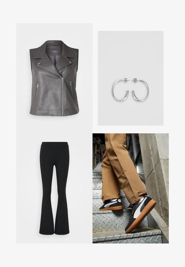 Pelēka ādas motobraucēju bez piedurknēm veste ar izgriezumu apkakli, diagonālu priekšējo rāvējslēdzēju un divām rāvējslēdzēja sānu kabatām. Tekstūra apdare.; Trīs pieguļoši T-krekli baltā, pelēkā un melnā krāsā. Katram ir plaša izgriezuma kakla un īsas piedurknes. Izgatavoti no gluda, elastīga auduma.; Melnas izplešanās bikses, izgatavotas no elastīga auduma, ar augstu vidukli un gludu tekstūru. Bikses izvēršas no ceļa.; Melnas un pelēkas zamša sporta kurpes ar baltām akcentiem un gumijas zolēm, valkātas uz brūniem biksēm, uzkāpjot metāla kāpnēm.; Sudraba stīpas auskari ar gludu, spīdīgu virsmu, izceļas ar izliektaveida formu un aizdari ar tapu. Minimālistisks dizains ar mūsdienīgu apdari.