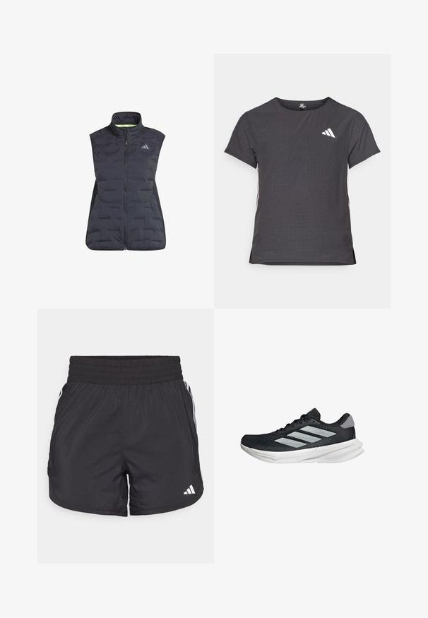 adidas Performance ADIZERO PADDED - Chaleco - black; Camiseta atlética de manga corta, gris oscuro con textura perforada. Presenta un logo blanco y rayas laterales en contraste. Escote redondeado.; Pantalones cortos deportivos negros con cintura elástica, bolsillos laterales y detalles de rayas blancas en los lados. Hechos de un material ligero.; Zapatilla de correr negra con parte superior de malla, tres franjas plateadas, media suela blanca y suela texturizada. Incluye un cuello acolchado y cierre de cordones.