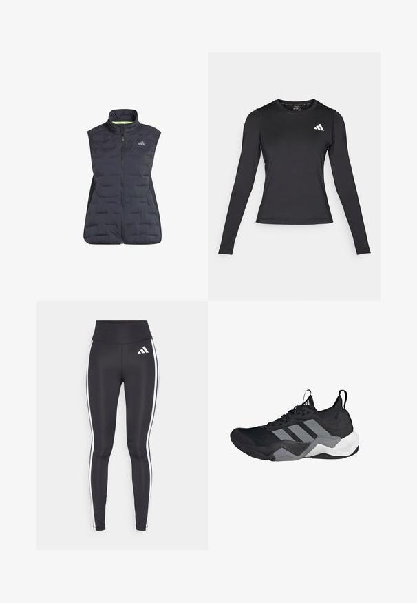 adidas Performance ADIZERO czarny; Czarna, długa koszulka sportowa z długim rękawem, wykonana z gładkiego, elastycznego materiału. Posiada białe logo na piersi. Dopasowany krój z okrągłym dekoltem.; Czarne legginsy z wysokim stanem, z białymi paskami po bokach i małym białym logo na górnej lewej części uda. Wykonane z gładkiego, elastycznego materiału.; Czarny but sportowy z oddychającą siateczką, szarymi akcentami, teksturowaną podeszwą i trzema charakterystycznymi paskami po boku.