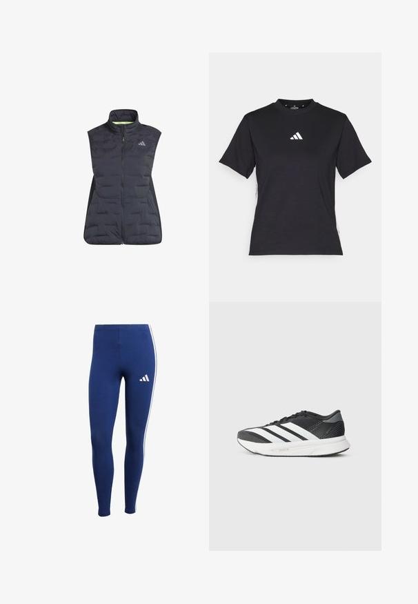 adidas Performance ADIZERO PADDED - Vestă - black; Tricou negru cu mâneci scurte, fabricat dintr-un material moale. Prezintă un logo Adidas alb și dungi albe contrastante pe laturi.; Colanți bleumarin cu dungi albe pe laterale și un logo al brandului pe partea inferioară a piciorului. Realizați dintr-un material elastic pentru confort și libertate de mișcare.; Shoe athletic negru cu fâșii albe, partea superioară din plasă, talpă amortizată și un design elegant. Accente de gri pe călcâi și limbă.