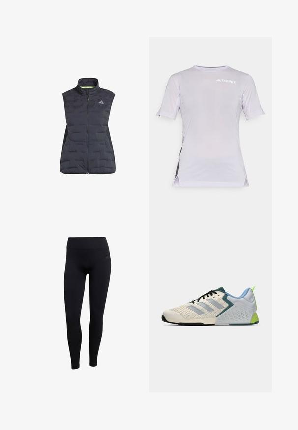 adidas Performance ADIZERO PADDED - Weste - black; Hellblaues sportliches T-Shirt mit kurzen Ärmeln und Mesh-Einsätzen an den Seiten, runder Ausschnitt und Logo auf der Brust. Atmungsaktives Material.; Schwarze sportliche Leggings aus dehnbarem Stoff, mit hohem Bund, enganliegendem Schnitt und gerippten Knöchelbündchen. Subtiles Markenlogo.; Leichte Sportschuhe mit einem cremefarbenen Mesh-Obermaterial, grauen Streifen, einer grünen Akzentfarbe und einer strukturierten blauen Fersenkappe. Schwarze Schnürsenkel.