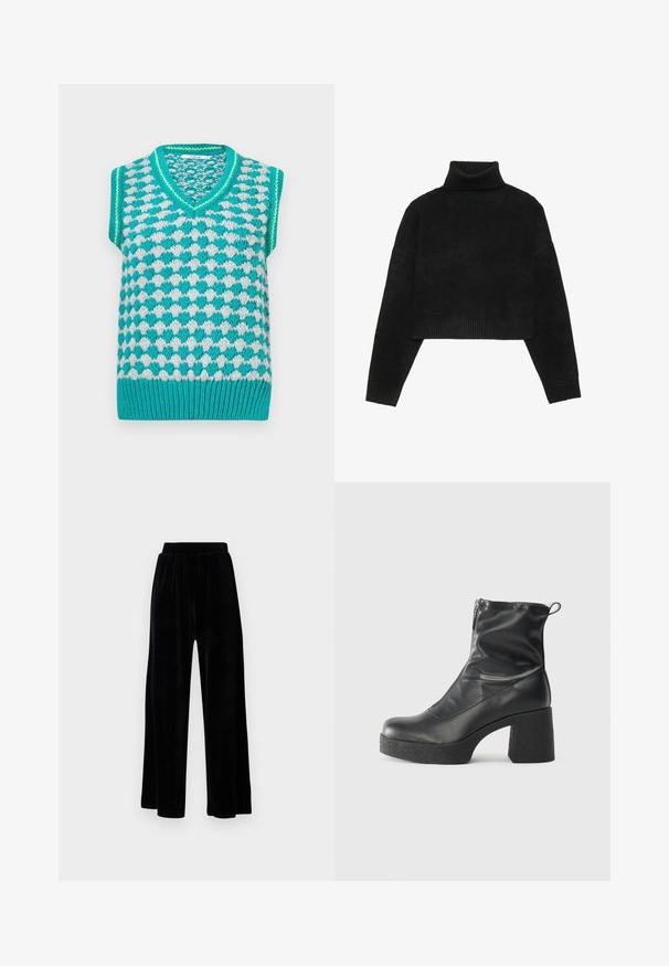 Türkis-weiß gestrickte Weste mit V-Ausschnitt, kurzen Ärmeln und strukturiertem kariertem Muster. Gerippter Saum verleiht zusätzliches Detail.; Schwarzer, kurzer Pullover mit einem gerippten Rollkragen und Bündchen, der eine glatte Textur und eine lockere Passform aufweist. Einfaches, minimalistisches Design.; Schwarze weit geschnittene Hose aus weichem Samt, mit einem elastischen Bund und einer glatten Textur, ohne sichtbare Details oder Muster.; Schwarze Stiefeletten aus glattem Leder mit seitlichem Reißverschluss, klobigem strukturiertem Absatz und runder Zehenform.