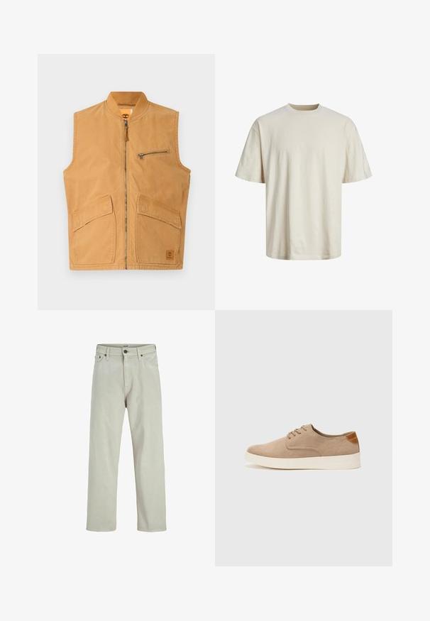 Beige canvas vest met hoge kraag, voorrits en een borstzak. Voorzien van twee grote voorzakken en een klein logo-embleem.; Crewneck katoenen t-shirt in off-white, met korte mouwen, een relaxte pasvorm en een gladde, lichte textuur.; Licht beige denim jeans met een recht model, vijf-pocket stijl en een knoopsluiting bij de taille, met minimale stikdetails.; Beige suède sneakers met een ronde neus, vetersluiting aan de voorkant en een getextureerde achteraccent. De witte rubberen zool zorgt voor contrast. Eenvoudig en modern ontwerp.