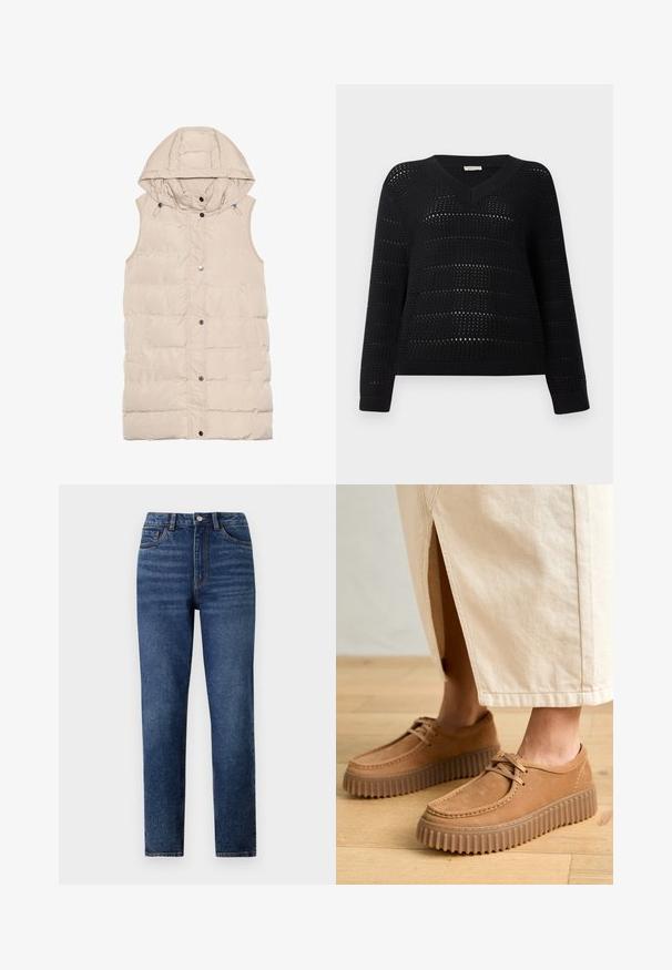 Bež prsluk s kapuljačom, sa zatvaračem i kopčanjem na dugme, bočnim džepovima i teksturiranim dizajnom tkanine. Glatka površina.; TOM TAILOR DENIM V NECK - Vesta - deep black; Traperice s visokim strukom u plavoj boji, ravnog kroja, s blagim izbleđenim detaljima, zatvaranjem na jedno dugme i dizajnom s pet džepova.; Smeđe kožne cipele s teksturiranom površinom, okruglim prstima i debelim, rebrastim potplatima. Šnure i detalji šivanja obogaćuju dizajn.