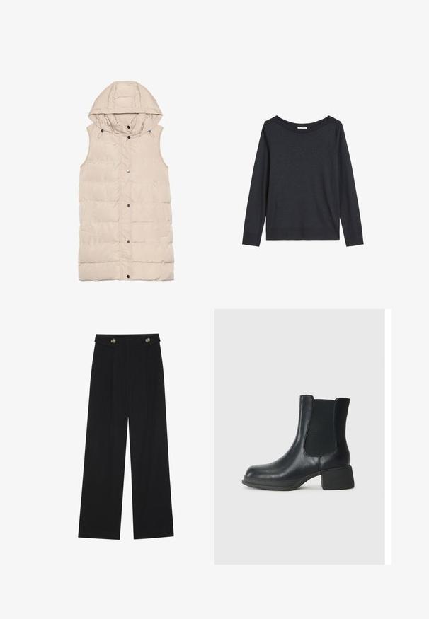 Beige gefütterte Weste mit Kapuze, ausgestattet mit einem Reißverschluss und Druckknopfverschluss, seitlichen Taschen und einem strukturierten Stoffdesign. Glatte Oberfläche.; Dunkelgrauer Langarm-Pullover aus weicher Stoffqualität. Verfügt über einen weiten Ausschnitt und einen gerippten Saum mit minimalen Nähten für ein schlichtes Design.; Schwarze weite Hosen mit hoher Taille, Knopfdetails am Bund und vorderen Falten.; Schwarze Leder-Stiefelette mit elastischen seitlichen Einsätzen, runder Zehenpartie und niedrigem Blockabsatz. Die Oberfläche hat eine glatte Textur und minimalistische Details.