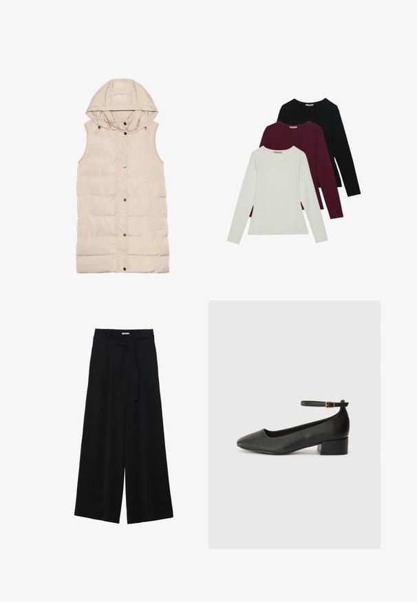 Beidzēts krēmkrāsas veste ar kapuci, ar rāvējslēdzēju un spiedpogu aizdari, sānu kabatām un faktūras auduma dizainu. Gluda apdare.; Garās piedurknes T-krekli baltā, bordo un melnā krāsā. Izgatavoti no mīkstas auduma ar apaļu kakla izgriezumu un pieguļošu dizainu. Piemēroti kā slāņošana.; Melni platleņķa bikses ar teksturētu audumu, elastīgu jostu un noņemamu siksnu viduklī, kas nodrošina regulējamu piegulšanu.; Melnas ādas sūkņi ar smailu purngalu un zemu bloku papēdi. Iezīmēts ar potītes siksniņu ar zelta krāsas sprādzi. Gluda tekstūra.