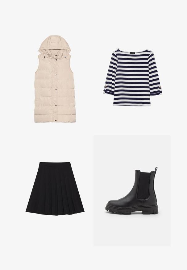 Vesta bej căptușită cu glugă, având fermoar și închidere cu capse, buzunare laterale și un design texturat al țesăturii. Finisaj neted.; Bluză cu mâneci lungi, dungată în navy și alb, cu decolteu tip bărci și accente cu nasturi aurii pe mânecile răsucite. Material moale, croială lejeră.; Fustă plisată neagră dintr-un material texturat, cu un elastic ajustat. Se termină la nivelul genunchiului, având o siluetă netedă și curată.; Cizmă de gleznă din piele neagră, cu panouri laterale elastice, vârf rotunjit și talpă din cauciuc texturat. Dispune de o buclă în spate pentru o purtare ușoară.
