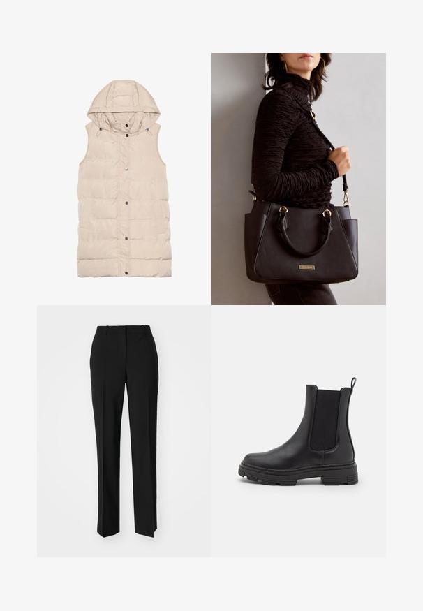 Beige padded vest with a hood, featuring a zipper and snap closure, side pockets, and a textured fabric design. Smooth finish.; Navy and white striped long-sleeve top with a boat neckline and gold-button accents on rolled sleeves. Soft fabric, relaxed fit.; Black tailored trousers with a straight-leg design, featuring a smooth texture and crisp creases along the front. No visible hardware.; Black leather ankle boot with elastic side panels, rounded toe, and textured rubber sole. Features a loop at the back for easy wear.; Black handbag with textured surface, dual top handles, and adjustable shoulder strap. Features gold-tone hardware and side pockets.