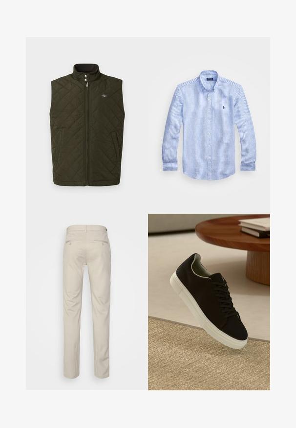 Gestepptes olivgrünes Weste mit hohem Kragen, Frontreißverschluss und Druckknöpfen. Verfügt über Seitentaschen und ein kleines Logo auf der Brust.; Blau-weißer gestreifter Langarmshirt aus Baumwolle mit einem Button-Down-Kragen, Frontknöpfen und einem kleinen gestickten Logo auf der Brust.; Beige Hosen mit glatter Textur, geradem Schnitt, zwei Gesäßtaschen mit Knöpfen und einem normalen Bund.; Schwarze Sneakers mit weißer Sohle, die über einem beige strukturierten Teppich schweben, in der Nähe eines runden Holztisches mit gestapelten Büchern.