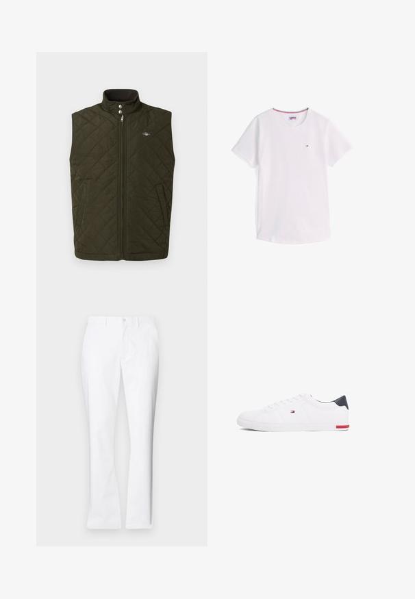 Pikowana oliwkowa kamizelka z wysokim kołnierzem, przednim zamkiem błyskawicznym i zatrzaskami. Wyposażona w boczne kieszenie oraz małe logo na piersi.; Biała koszulka z krótkim rękawem i okrągłym dekoltem, z małym logo Tommy Hilfiger na piersi oraz czerwono-biało-niebieskim wykończeniem wewnątrz kołnierzyka.; Białe bawełniane spodnie o prostym kroju, z przednimi kieszeniami, pojedynczym zapięciem na guzik oraz gładką fakturą.; Białe niskie tenisówki wykonane z gładkiej skóry. Posiadają granatowy zapiętek i czerwony akcent na podeszwie. Sześć oczek na sznurowadła.