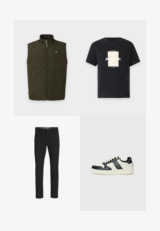 Prešívaná vestu olivovej zelenej farby s vysokým golierom, predným zipsom a patentkami. Obsahuje bočné vrecká a malú nášivku na hrudi.; Čierne bavlnené tričko s okrúhlym výstrihom. Na prednej strane sa nachádza béžová obdĺžniková grafika s bielym textom "JAWO," ktorý je umiestnený na stred. Krátke rukávy.; Čierne nohavice z bavlneného zmesi so štíhlym strihom, s gombíkovým zapínaním, vreckami a založenými manžetami pre ležérny vzhľad.; Kožené tenisky v čierno-krémovej farbe, s perforovanými akcentmi, polstrovaným golierom a štruktúrovanou podrážkou.