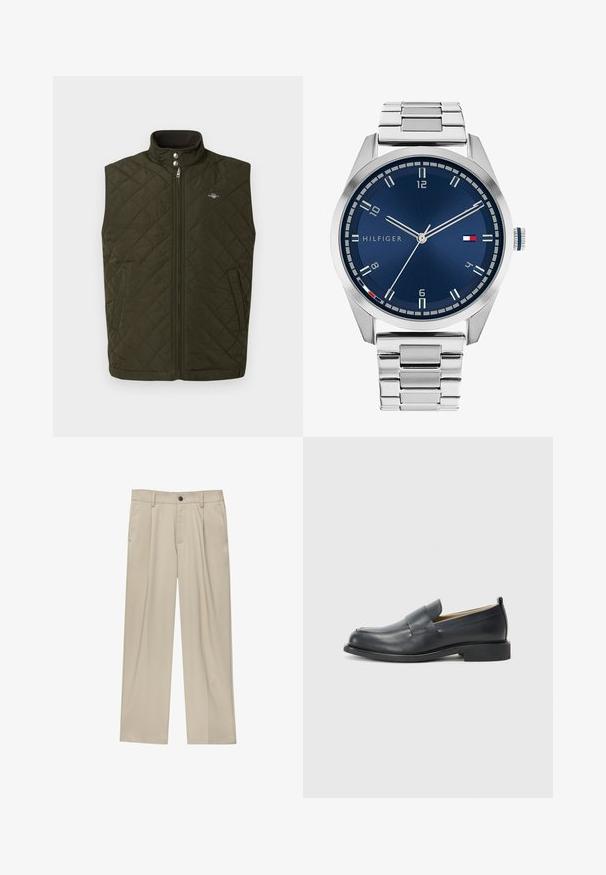 Gilet trapuntato verde oliva con colletto alto, zip frontale e bottoni a pressione. Presenta tasche laterali e un piccolo logo sul petto.; Polo shirt bianco a maniche corte con un design a maglia testurizzata, dotato di colletto a V e polsini a coste per una vestibilità aderente.; Pantaloni beige a taglio dritto, con un solo bottone nero, passanti per la cintura e tasche laterali. Tessuto dalla texture liscia e design minimale.; Mocassini in pelle nera caratterizzati da una finitura liscia, suola piatta e punta arrotondata con una fascia decorativa sulla parte superiore.; Orologio in metallo argentato con quadrante blu spazzolato, indici bianchi e display della data. Dotato di un bracciale metallico a maglie e logo del marchio.
