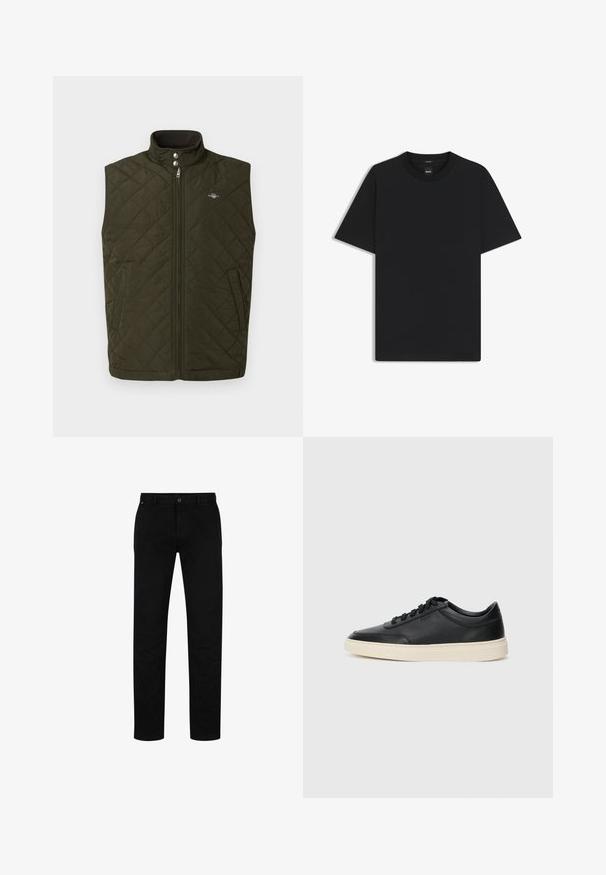 Olivi vihreä topattu liivi, jossa on korkea kaulus, etu vetoketju ja napit. Sisältää sivutaskut ja pienen logon rinnassa.; Musta lyhythiha T-paita, joka on valmistettu sileästä puuvillasekoitteesta. Paita on varustettu pyöreällä pääntiehen ja siinä on minimaalinen muotoilu ilman kuvioita tai yksityiskohtia.; Mustat puuvillahousut suorella leikkauksella, jossa on napitus, vyölenkit ja minimalistinen muotoilu. Silkkinen pinta, ilman kuvioita.; Musta matalavartinen nahkastretchu, jossa on mustat nauhat ja vaaleanharmaa pohja, esitetty sivuprofiilissa valkoista taustaa vasten.