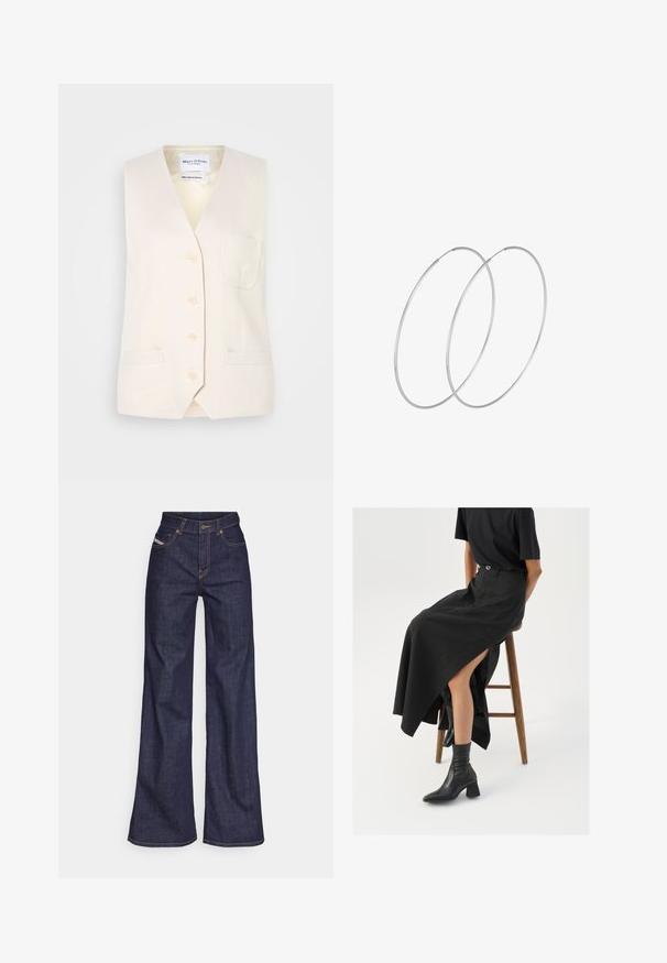 Lichtbeige mouwloze vest met een V-hals, vijf knopen en een enkele borstzak. Gemaakt van een gestructureerde stof met twee zijzakken.; Marineblauwe coltrui met lange mouwen. Gemaakt van zachte stof met een gladde textuur. Heeft een aansluitend ontwerp en een hoge kraag zonder zichtbare naden.; Donkerblauwe wijde jeans van denimstof met een hoge taille, voorzien van oranje stiksels, een vijf-pocket ontwerp en een knoopsluiting.; Zwarte linnen maxi rok met een hoge split, gedragen met een zwart T-shirt en zwarte enkellaarsjes. Minimalistisch ontwerp met een relaxte pasvorm.; Zilveren hoepel oorbellen met een minimalistisch ontwerp. Cirkelvormig, gladde textuur en dun profiel. Lichtgewicht met een gepolijste afwerking.