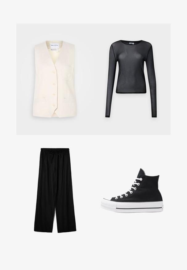 Svetlo béžový bezrukávový sveter s výstrihom do V, piatimi gombíkmi a jednou náprsníkou. Vyrobený z textúrovanej látky s dvoma bočnými vreckami.; Čierny top s dlhými rukávmi vyrobený z priesvitného materiálu, s okrúhlym výstrihom a úzkym strihom, s jemne zakončenými okrajmi.; Čierne nohavice s širokými nohavicami vyrobené z ľahkej tkaniny, s elastickým pásom a sťahovacím šnúrkovým pásom pre nastaviteľné prispôsobenie. Hladká textúra.; Čierne plátkové tenisky v štýle high-top s bielymi očkami, šnúrkami a gumovou podrážkou. Obsahujú textúrovanú špičku a čierno-biele pruhy.
