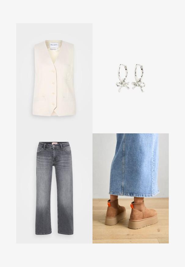 Hellbeige ärmellose Weste mit V-Ausschnitt, fünf Knöpfen und einer einzigen Brusttasche. Hergestellt aus texturiertem Stoff mit zwei Seitentaschen.; Drei langärmelige Cropped Tops übereinander gestapelt, in den Farben Weiß, Beige und gedecktem Türkis, mit runden Ausschnitten auf einem hellgrauen Hintergrund.; Graue Jeans aus Denim mit geradem Bein, fünf Taschen, dezentem Verblassen und einem Knopfverschluss in der Taille.; Braune Wildleder-Plateau-Stiefel mit elastischen Seitenpaneelen und orangen Zuglaschen, kombiniert mit einem knielangen hellen Jeansrock auf einem Holzboden.; Silberne Creolen mit einem Schleifen-Design, einer glatten Oberfläche und einer polierten Textur. Kompakter, minimalistischer Stil, geeignet für verschiedene Anlässe.