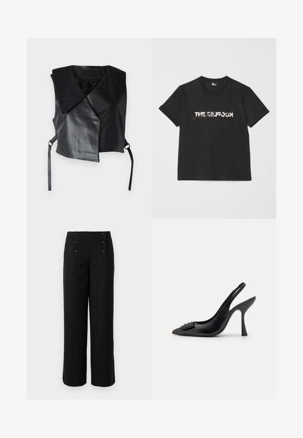 STUDIO ID Brezrokavnik - nappa black; Črna bombažna majica s kratkimi rokavi, z belim in sivim natisnjenim dizajnom "THE 2LOOK" na sprednji strani. Klasičen kroj z okroglim izrezom.; Črne široke hlače iz gladkega materiala, z visokim pasom in petimi sprednjimi gumbi za zapiranje. Elegantna, krojena zasnova.; Črne usnjene slingback čevlje s koničastim prstom, ozko visoko peto in dekorativnim naglavnim poudarkom. Gladka tekstura in eleganten dizajn.