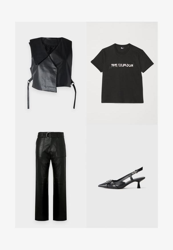 STUDIO ID Liivi - nappa black; Musta puuvillapaita lyhyillä hihoilla, jossa on edessä painettu valkoinen ja harmaa "THE 2LOOK" -design. Klassinen pyöreä kaula-aukko.; Korkeavyötäröiset mustat nahkahousut, joissa on leveät lahkeet, suuret etumaiset läppätaskut ja yhteensopiva vyö kaksoisrenkaalla.; Mustat nahkakengät, joissa on avonainen takaosa ja kärjessä terävä muoto, koristevyöt, joissa on metalliset reiät, sekä matala lohkoepohja. Teksturoitu pinta.