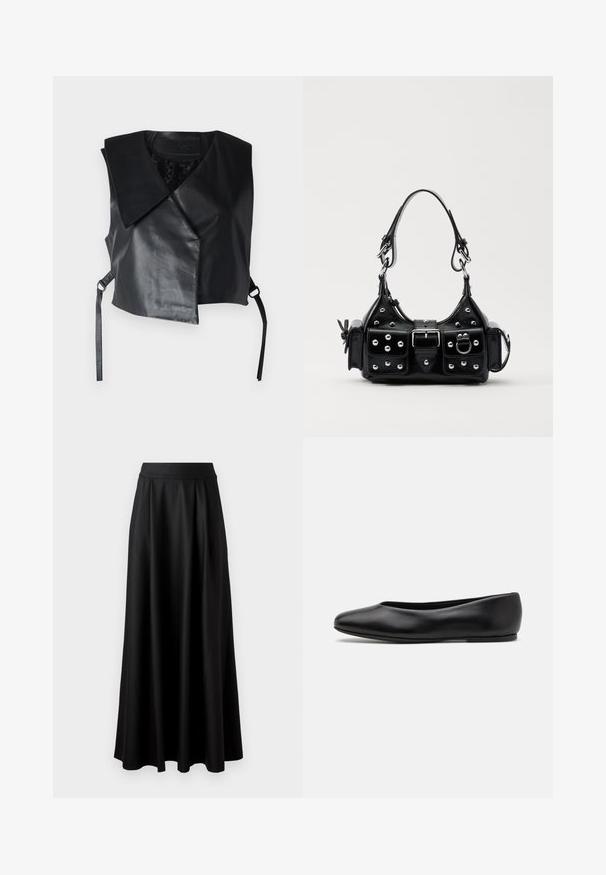STUDIO ID - Kamizelka; Czarny bodysuit z długim rękawem i głębokim dekoltem w kształcie V, z warstwowym designem falban na klatce piersiowej oraz rękawami dzwonami. Gładki, elastyczny materiał.; Czarna spódnica do ziemi o gładkiej fakturze, szerokim pasie i plisowanym wzorze, bez widocznych wzorów czy ozdób.; Paul Smith TOPANGA czarny; Czarna skórzana torebka w zakrzywionym kształcie, z srebrnymi ćwiekami, klamrą i dwoma bocznymi kieszeniami. Regulowany pasek umożliwiający różne opcje noszenia.